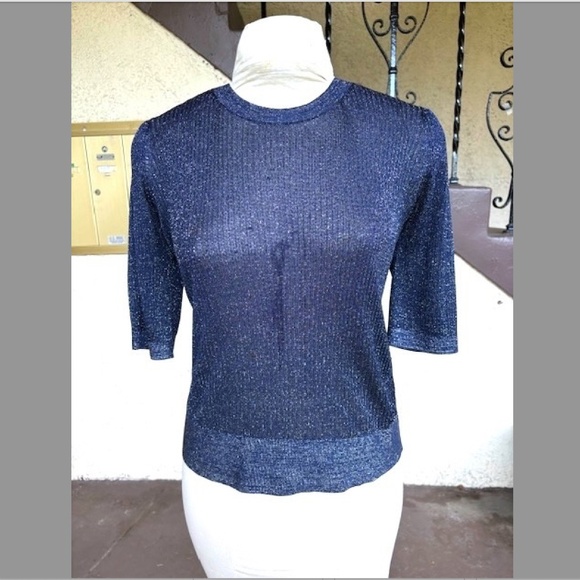 VERONICA BEARD Ume Blue Metallic Shimmer Short Sleeve Knit Top EUC/sz L - Picture 4 of 11
